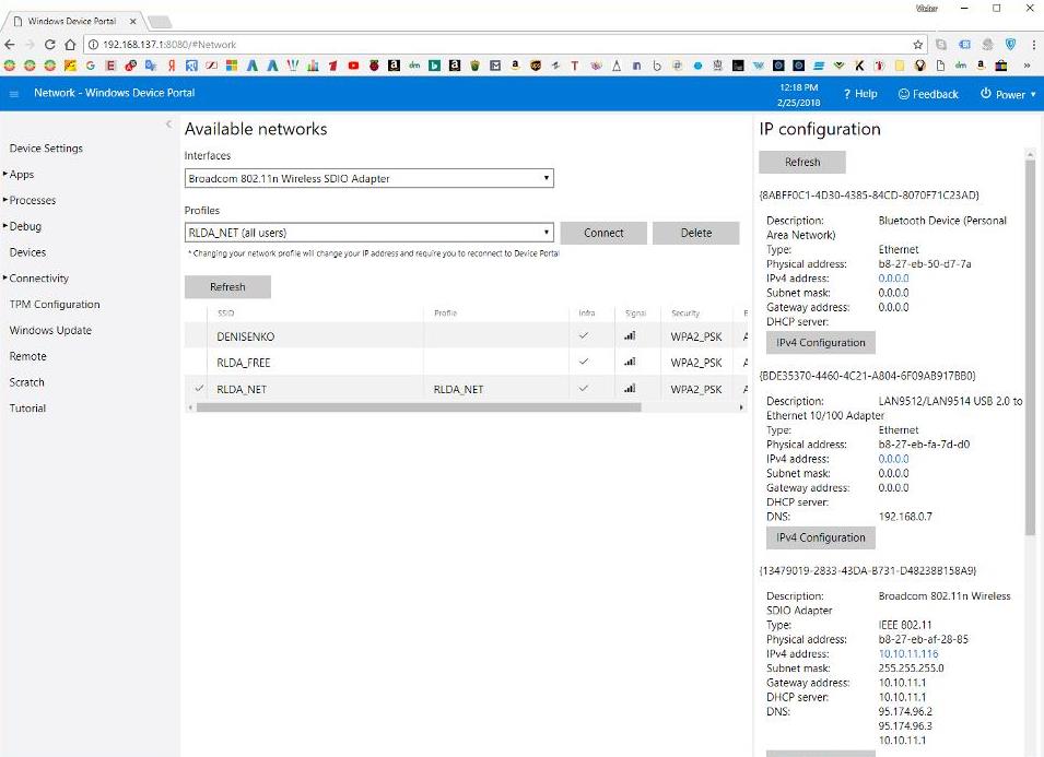 Windows Device Portal connectiona page